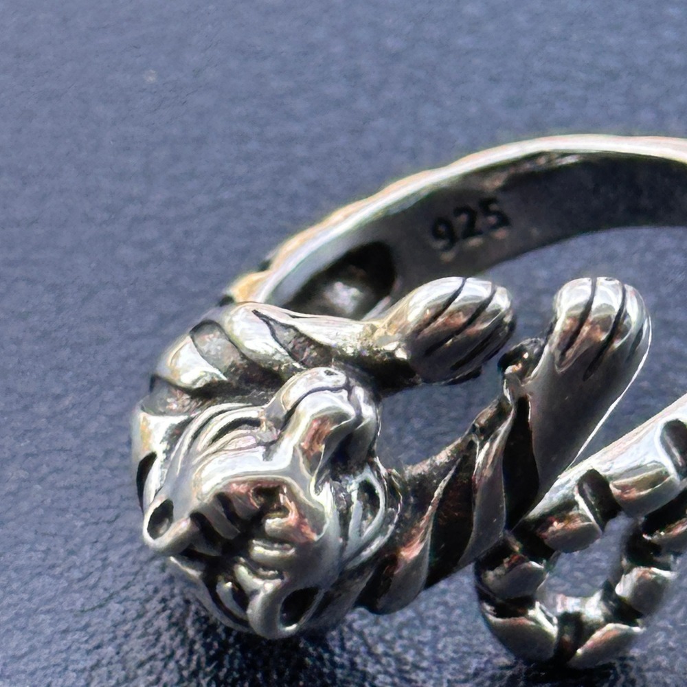 Tiger Ring 925 Sterling Silver for Men Women Retro Punk Biker Ring Adjustable J - Picture 6 of 10